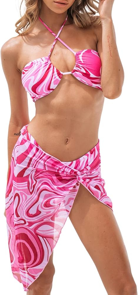 CUPSHE Women Swimsuit Bikini Set Three Piece Bathing Suit Halter High Leg Cheeky Bottom Twisted S... | Amazon (US)