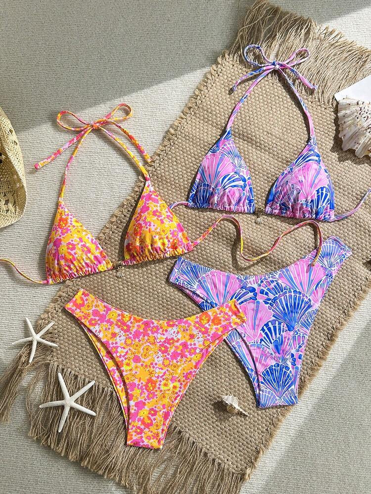 Swim Mod 4pcs/Set New Ditsy Floral + Colorful Shell & Starfish Metal Decor Twist Side High Cut Bikini Swimwear Set, Beach Holiday Women Colorful Bikini Set Boho Bikini Set Beach Sets For Women Bathing Suits For Women Boho Bikini Set Vacation | SHEIN