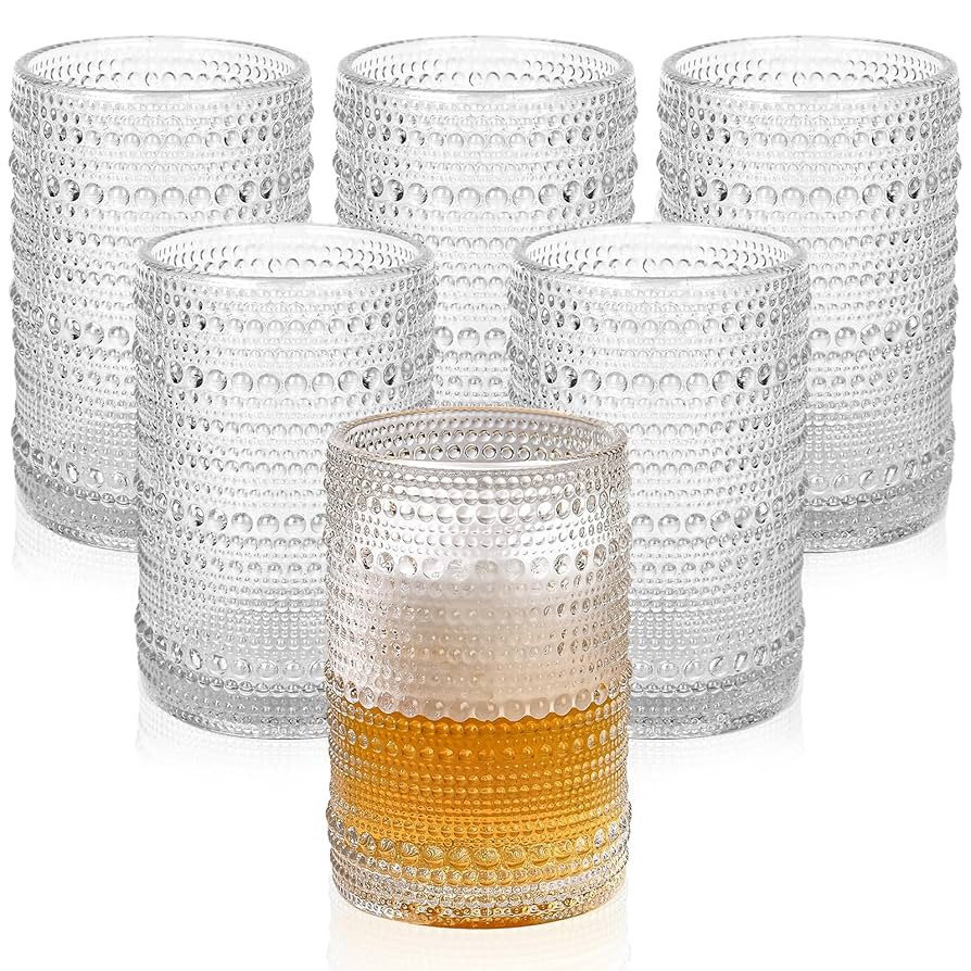 Vintage Glassware Drinking Glasses Set of 6,15 oz Hobnail Glass Cups,Embossed Clear Water Tumbler... | Amazon (US)