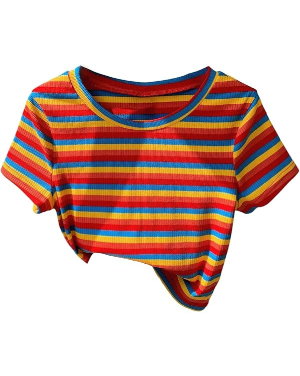 WDIRARA Women's Colorful Striped Short Sleeve Tee Shirt Y2k Crewneck Ribbed Knit Crop Tops | Amazon (US)