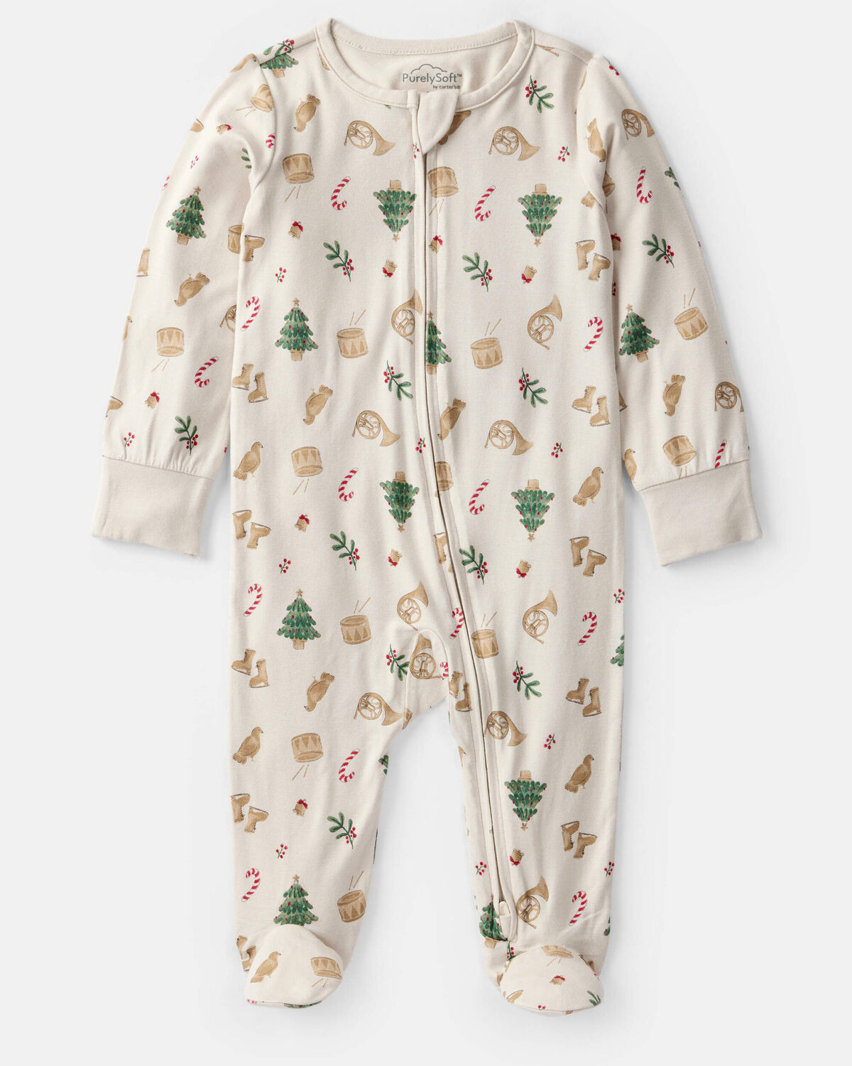 Baby Christmas Print PurelySoft Long-Sleeve Sleep & Play Pajamas - White | Carter's Inc