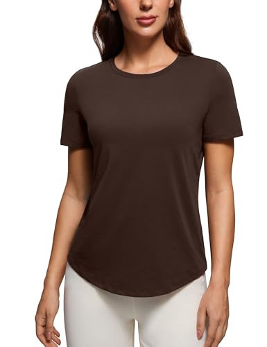 CRZ YOGA Pima Cotton Crewneck T-Shirts for Women - Workout Casual Yoga Athletic Short Sleeve Shirts Soft Crewneck Hip Tops Hot Fudge Brown X-Large | Amazon (US)