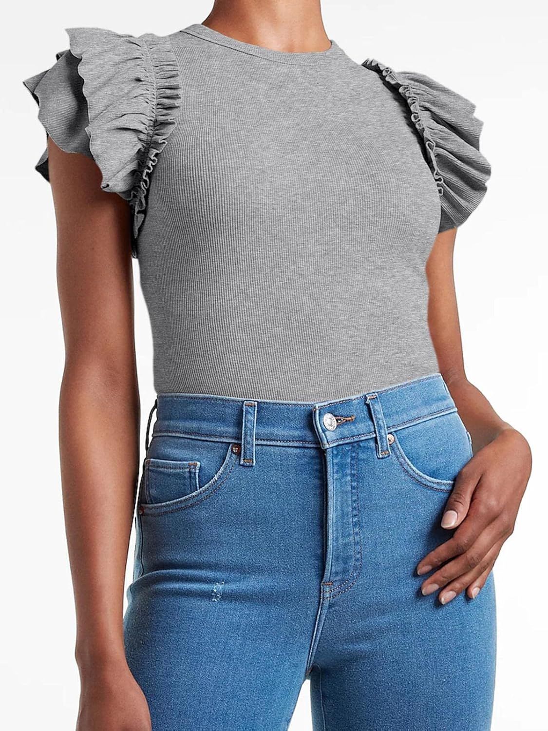 Womens Ruffle Short Sleeve Shirts Slim Fit High Neck Knit Ribbed Tops | Amazon (US)