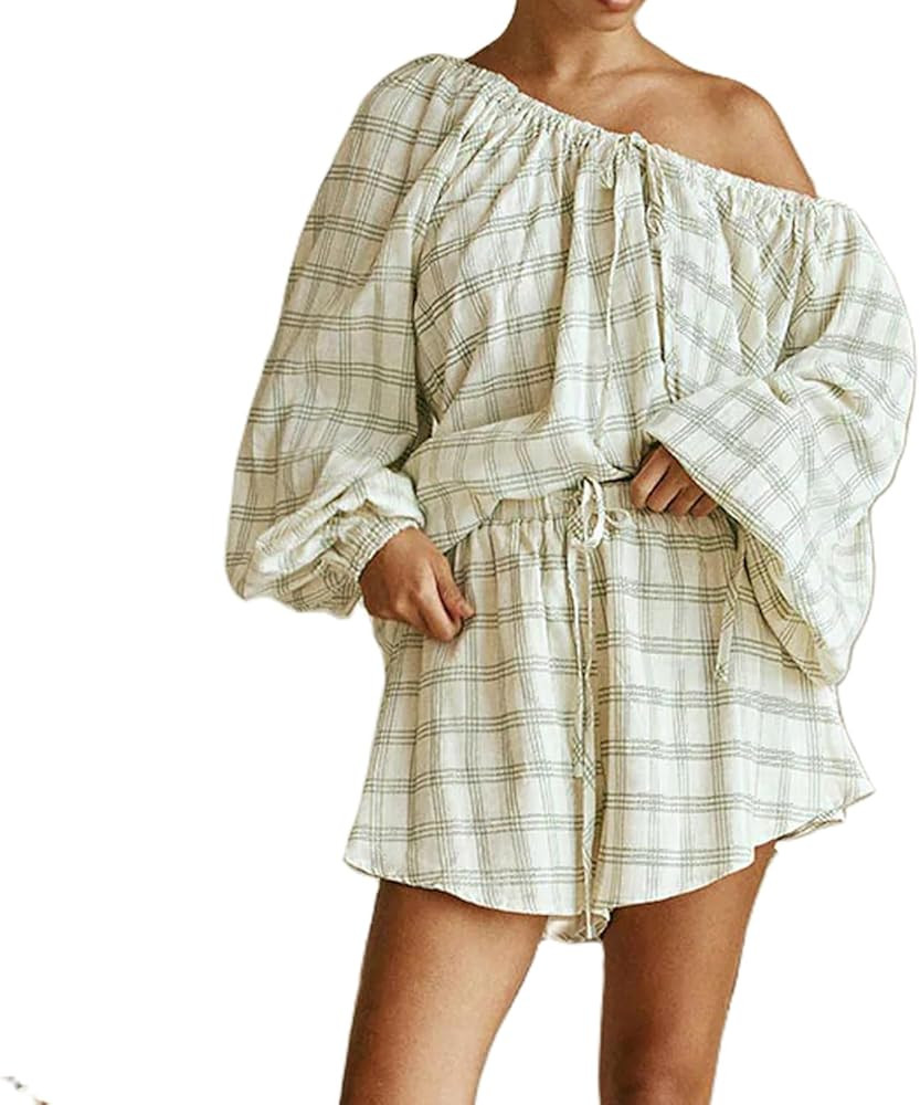 Women Gingham Pajama Set 2 Piece Y2k Long Puff Sleeve Babydoll Shirt Top Ruffle Plaid Shorts Matc... | Amazon (US)