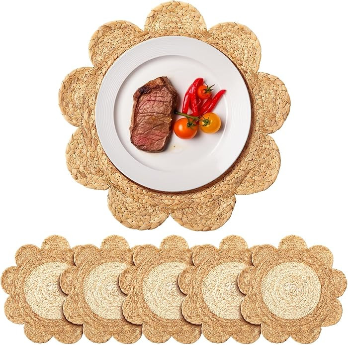Set of 6 13.8" Scalloped Woven Rattan Placemats, Round Wicker Plate Chargers, Boho Farmhouse Rust... | Amazon (US)