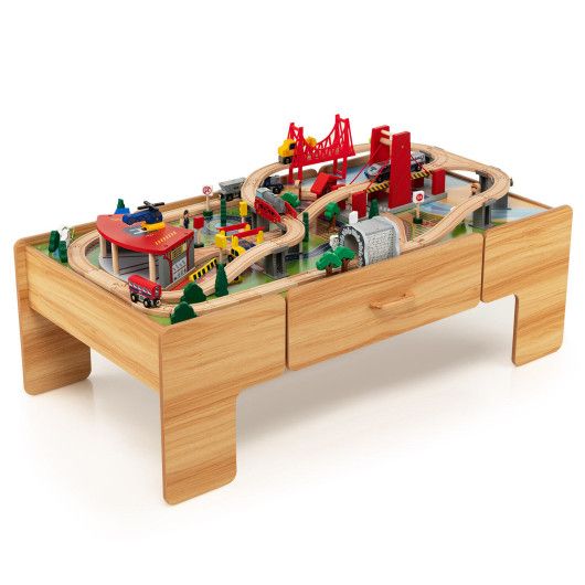 Kids Double-Sided Wooden Train Table Playset with Storage Drawer | Costway US Affiliate