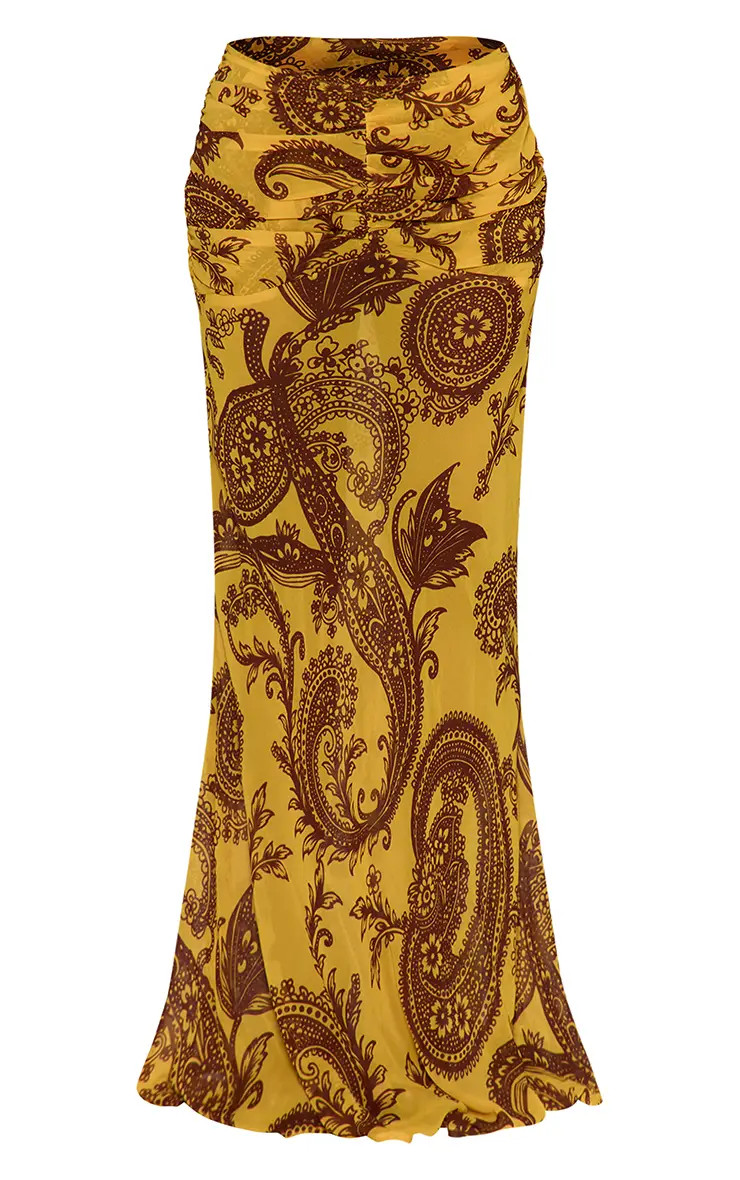 Yellow Paisley Printed Chiffon Maxi Skirt Co-ord | PrettyLittleThing USA | PrettyLittleThing US