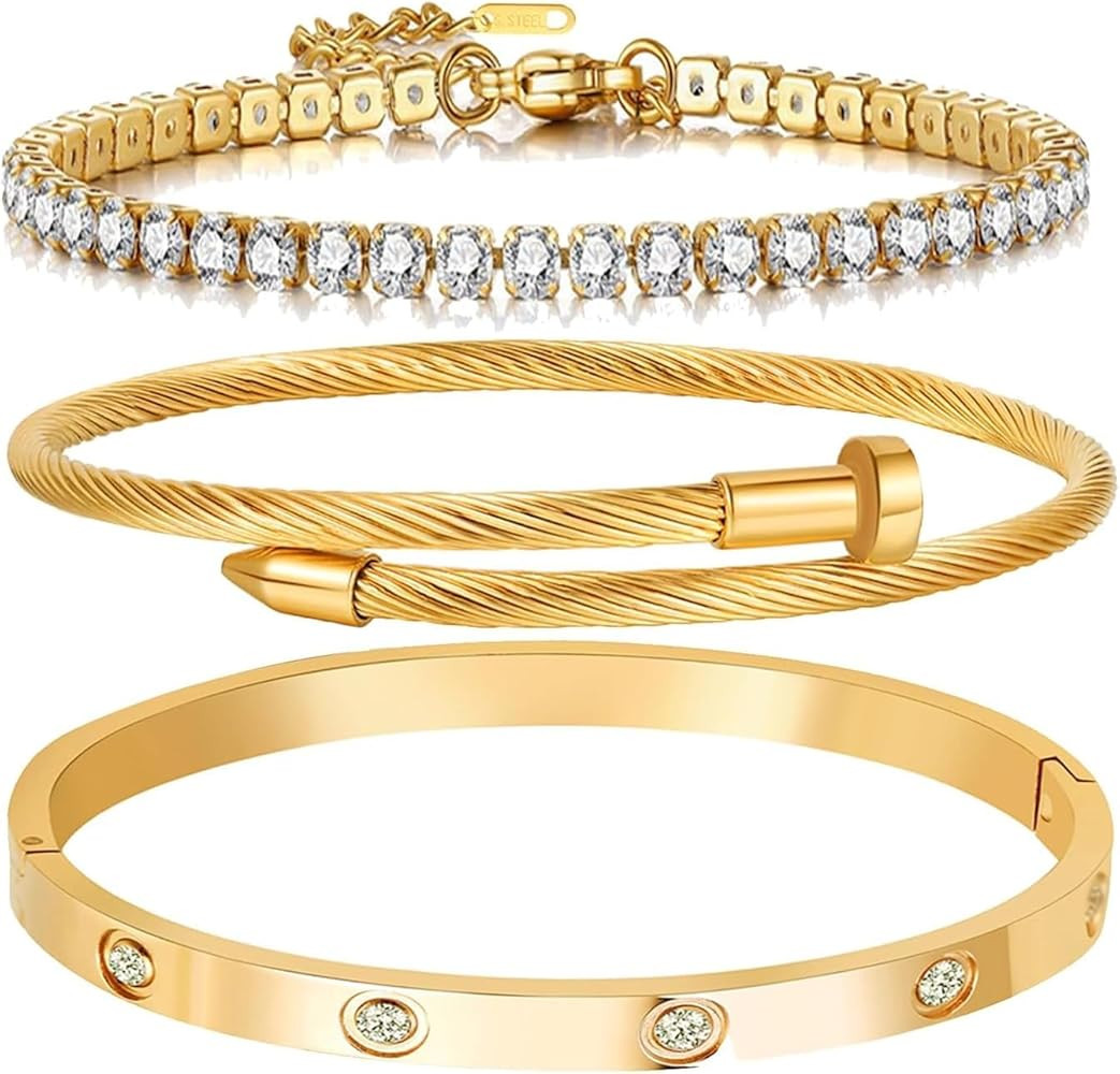 Amazon.com: 3PCS Gold Love Layered Bracelet Set, Trendy Golds Tone Cable Cuff Bangle, Delicate Cr... | Amazon (US)
