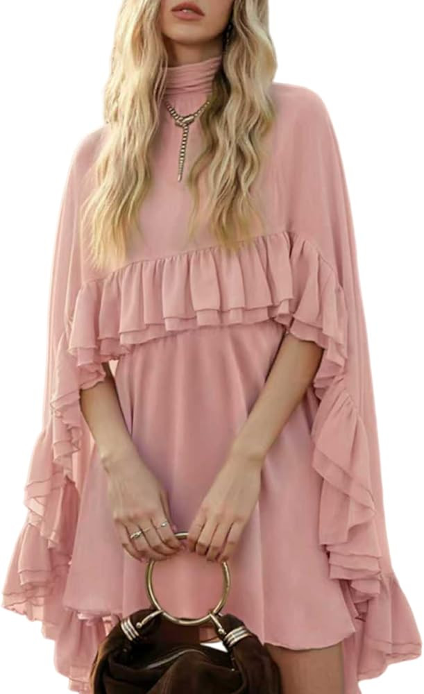 Women's Semi-Sheer Chiffon Ruffle Poncho Sleeve Dress Coffee Color Stand Collar with Outer Cape f... | Amazon (US)
