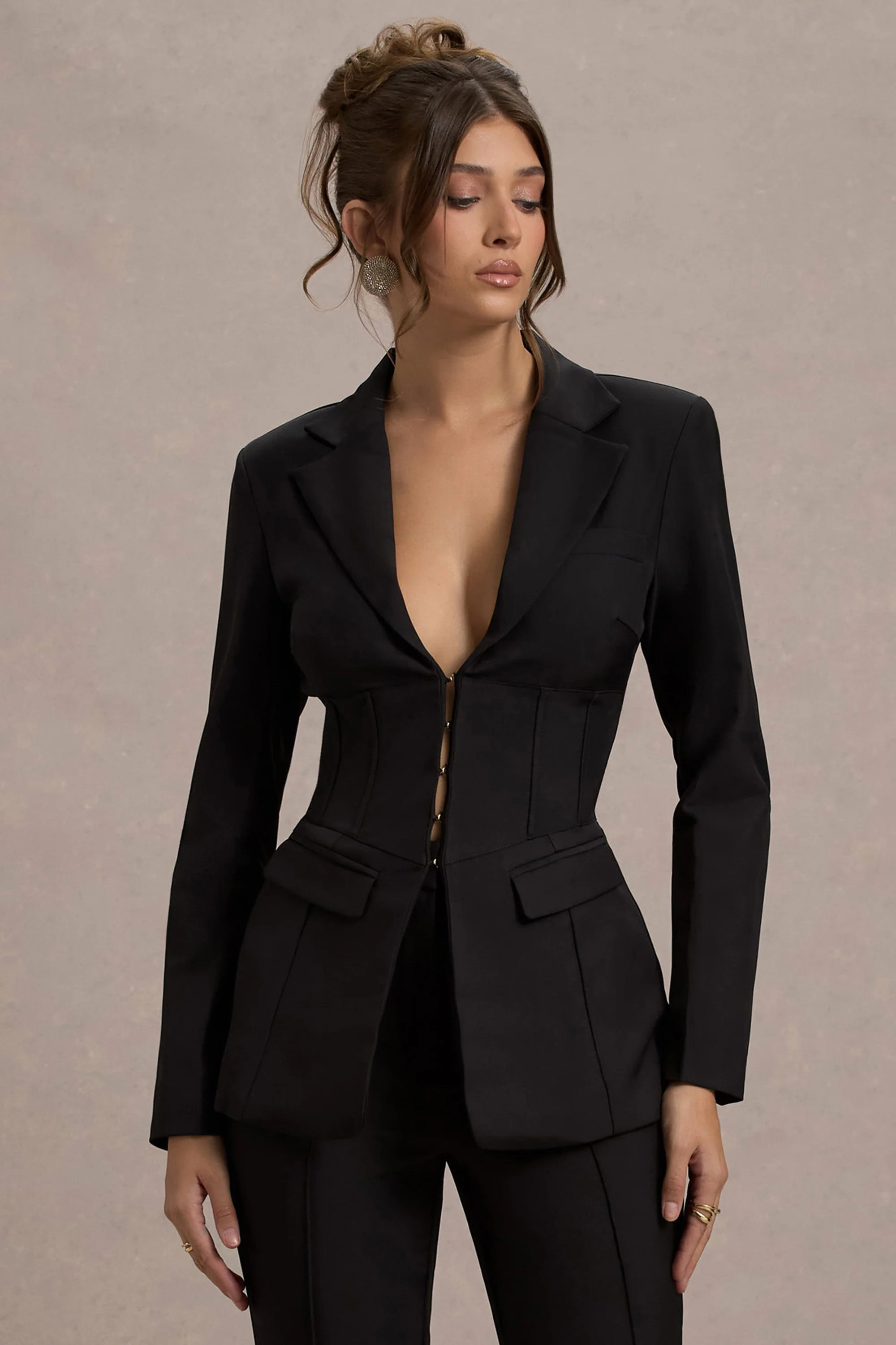 Unbeaten  Black Plunge Corset Waist Blazer | Club L London