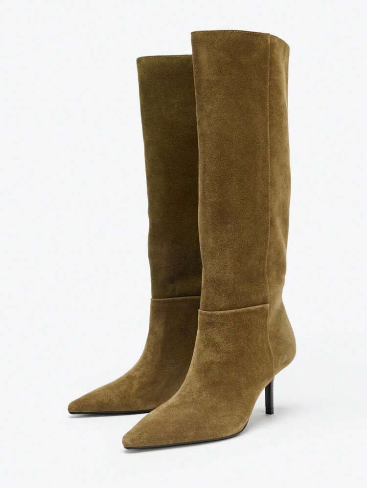 Pointed Toe Fashion Versatile Suede Leather Thigh High Boots, Mid-Calf Boots, Classic Boots, Fall, Winter, Autumn,Women Boots,Kitten Heels | SHEIN