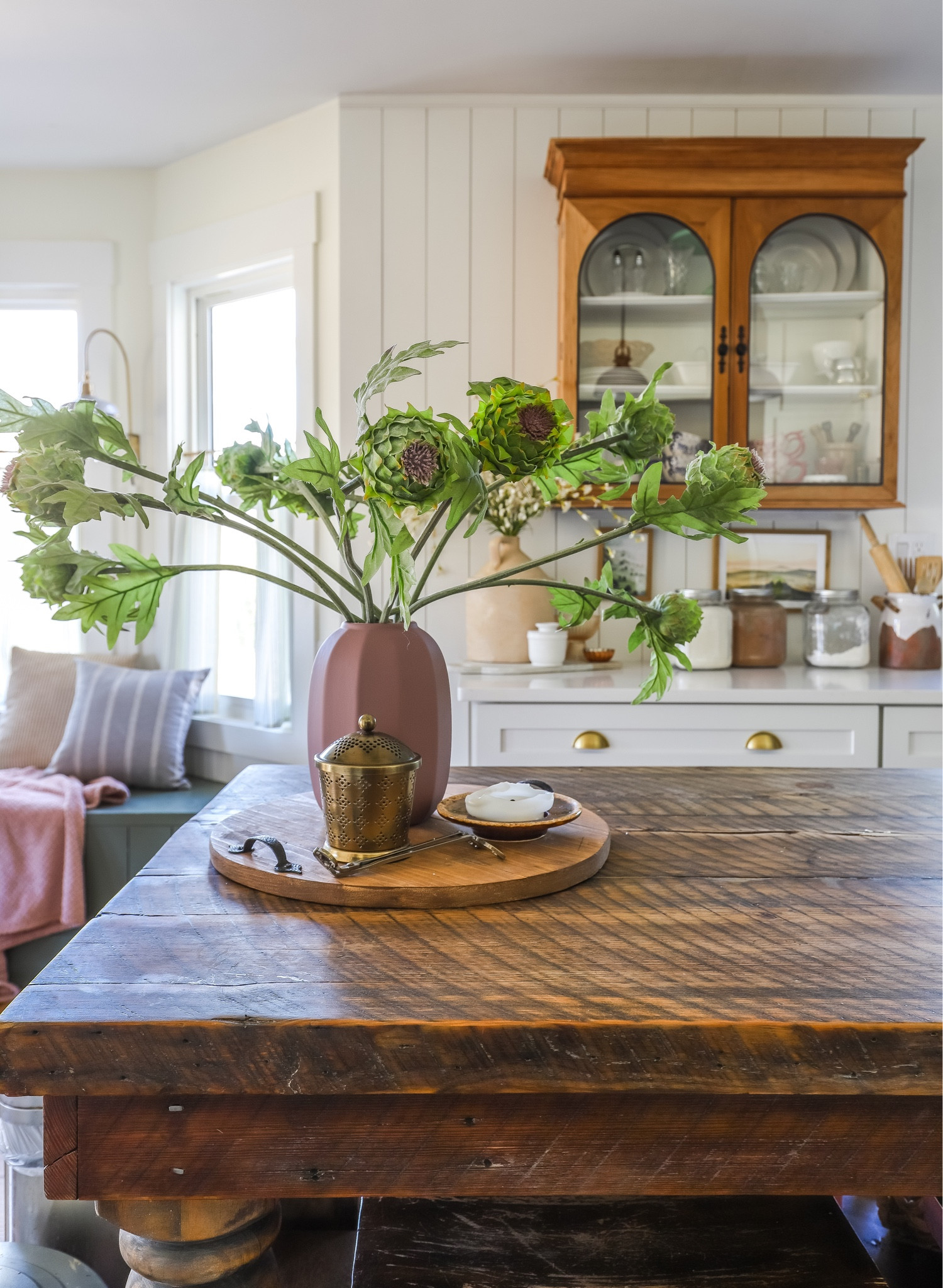 Spring Kitchen decor
serve ware, dessert platter, brass knobs, watercolor painting, baking accessories, kitchen accessories, gold wall sconces, kitchen lighting, spring florals, ceramic vase, wood tray, artichoke stems, cafe curtains, gold hardware, gold curtain rods, cafe curtain rods 

#LTKstyletip #LTKhome #LTKSeasonal