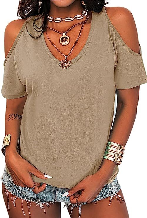 Eurivicy Women's Summer Cold Shoulder T-Shirt Casual Short Sleeve V Neck Blouse Top | Amazon (US)