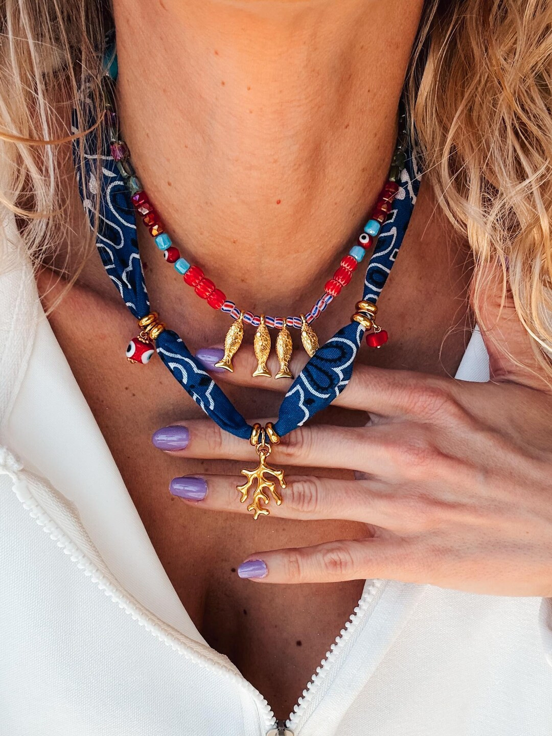 Bohemian Dark Blue Bandana and Colorful Fish Beaded Necklace, Summer Red and Blue Necklace, Beach... | Etsy (US)