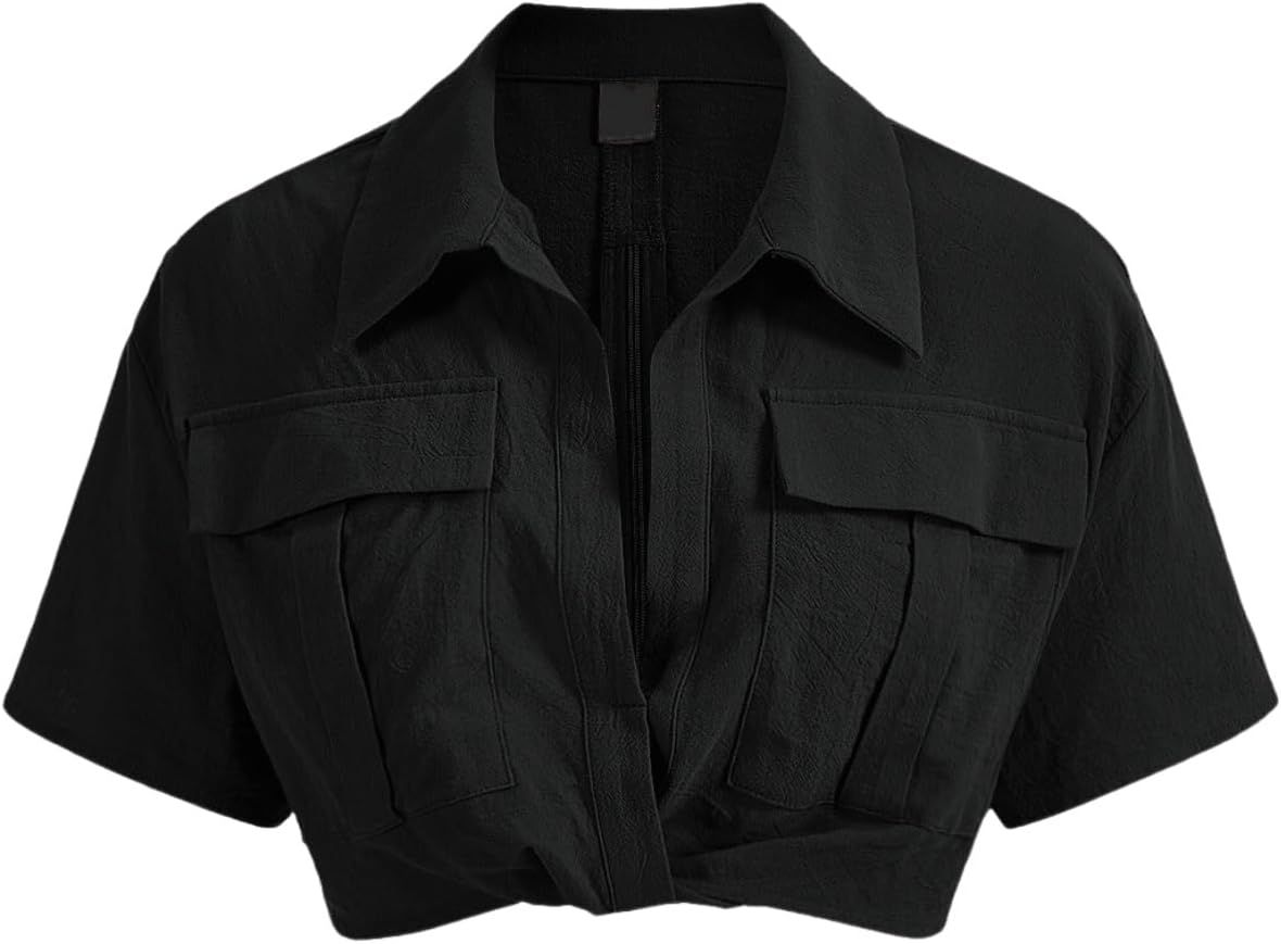 Verdusa Women's Short Sleeve Collar Neck Flap Pocket Twist Front Crop Top Shirts | Amazon (US)