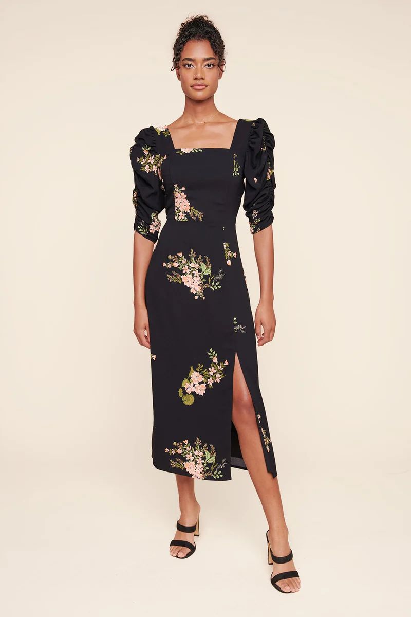 Jasleen Floral Ruched Sleeves Midi Dress | Sugarlips