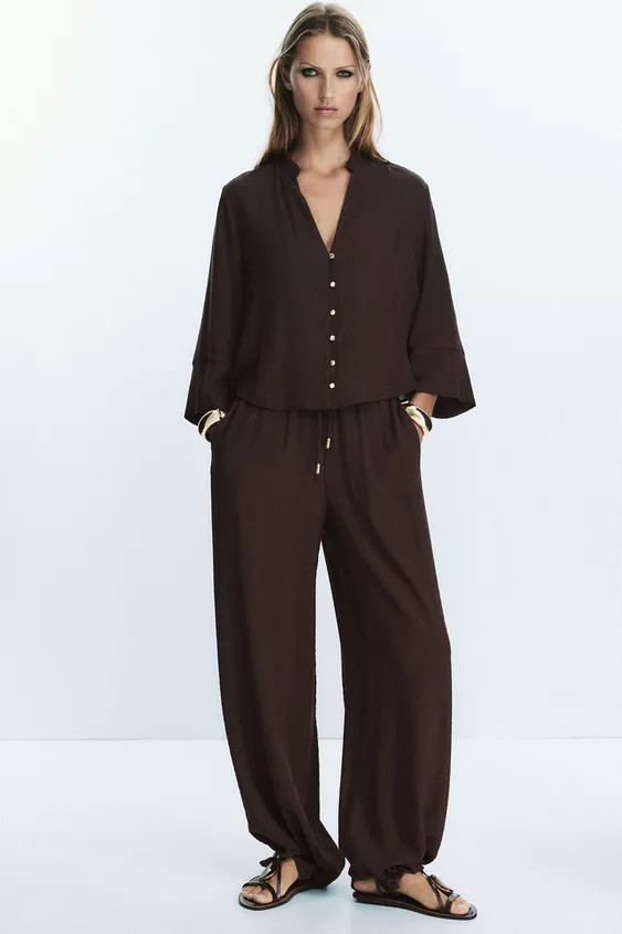 COTTON GAUZE WIDE LEG PANTS | Zara US