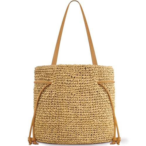 Hand Woven Straw Purses for Women 2025, Adjustable Large Beach Bag Summer Beach Tote Shoulder Bag Handbag for Vacation, Khaki | Amazon (US)