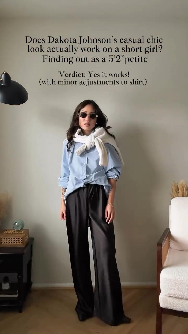 Bringing this awesome spring look back from Dakota Johnson’s casual chic style: tested on a 5’2 shortie! ✍🏻 this outfit is the perfect balance between casual and elevated chic with the satin trousers and button up top, and ps! The rolled sleeves trick is a dream for short girls 🖤 

🔗 Outfit specifics always linked in bio → LTK @amandacapsulewardrobe
⸻

#minimalistoutfit #petitestyle #recreatingpinterestoutfits #dakotajohnsonfashion #capsulewardrobechallenge