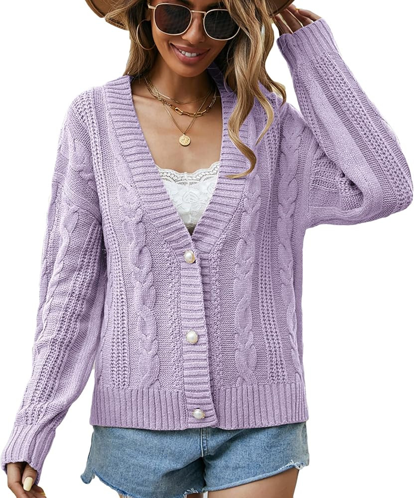 Lu's Chic Women's Cardigan Sweater Fisherman Cable Knit V-Neck Button Up Short Outerwear | Amazon (US)