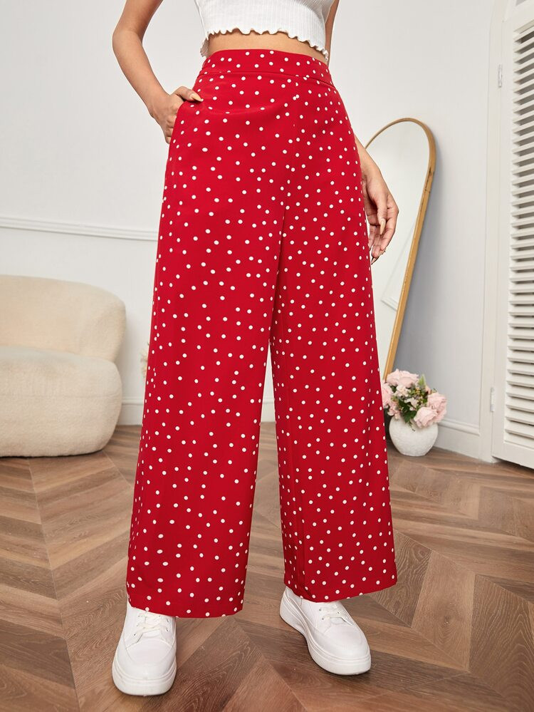 SHEIN PETITE Polka Dot Print Slant Pocket Pants | SHEIN