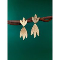 Chunky Gold Leaf Earrings | Artisan Statement in 24K Brass Geometric Floral Dangle Jewelry Aesthetic Art Deco | Etsy (US)