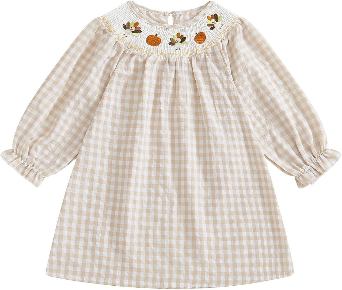 Kids Toddler Baby Girl Thanksgiving Outfit Turkey Embroidery Doll Collar Long Sleeve Smocked Dres... | Amazon (US)