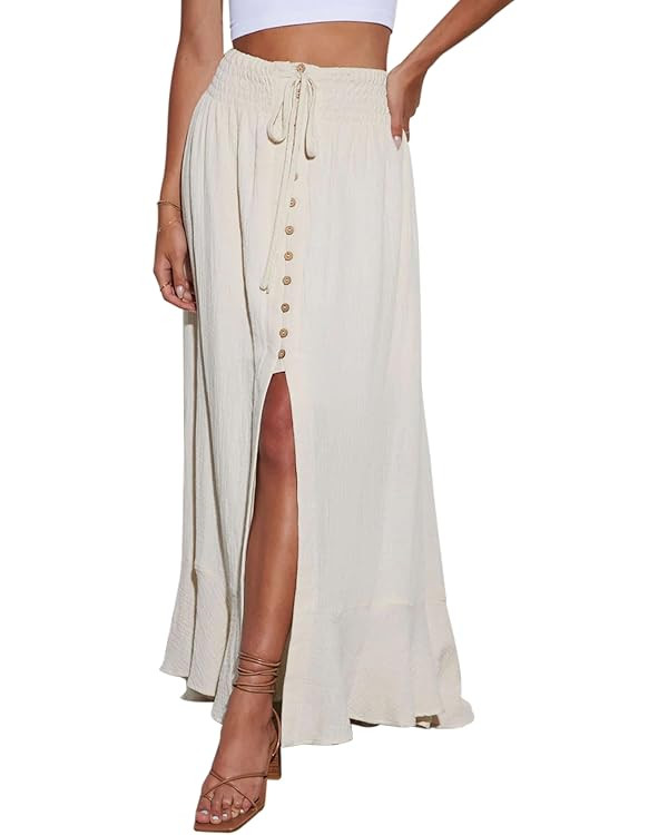 Minclouse Women's Elastic Tie Waist Button Down Maxi Skirts Casual Loose Flowy Swing Slit Front D... | Amazon (US)
