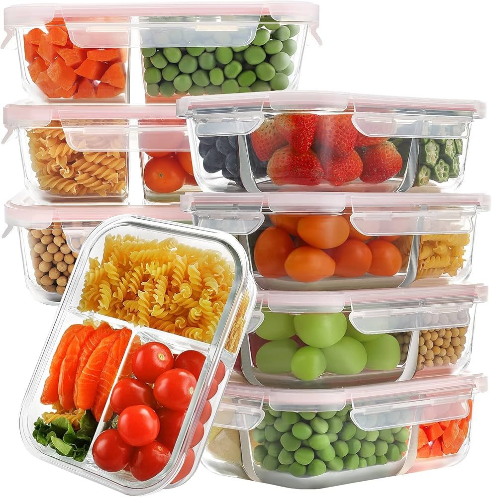 Bayco 8 Pack Glass Meal Prep Containers 3 Compartment, Glass Food Storage Containers with Lids, A... | Amazon (US)