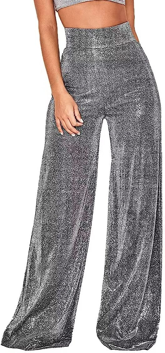 Caqilore Women's Wide Leg Pants Metallic Sparkly High Waist Trousers Clubwear Disco | Amazon (US)