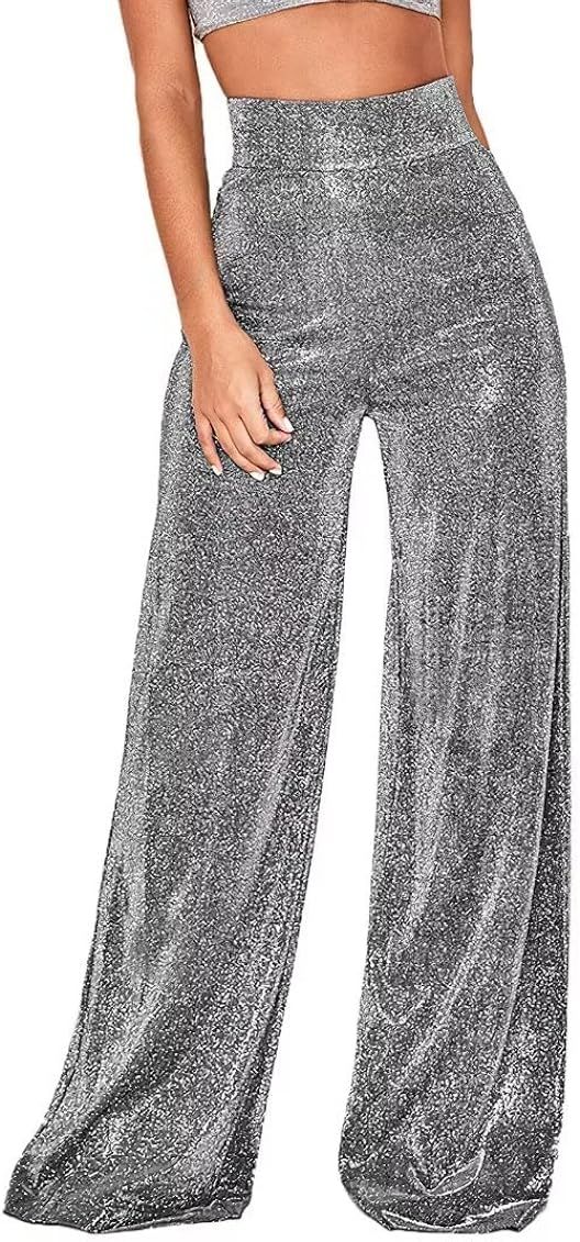 Caqilore Women's Wide Leg Pants Metallic Sparkly High Waist Trousers Clubwear Disco | Amazon (US)