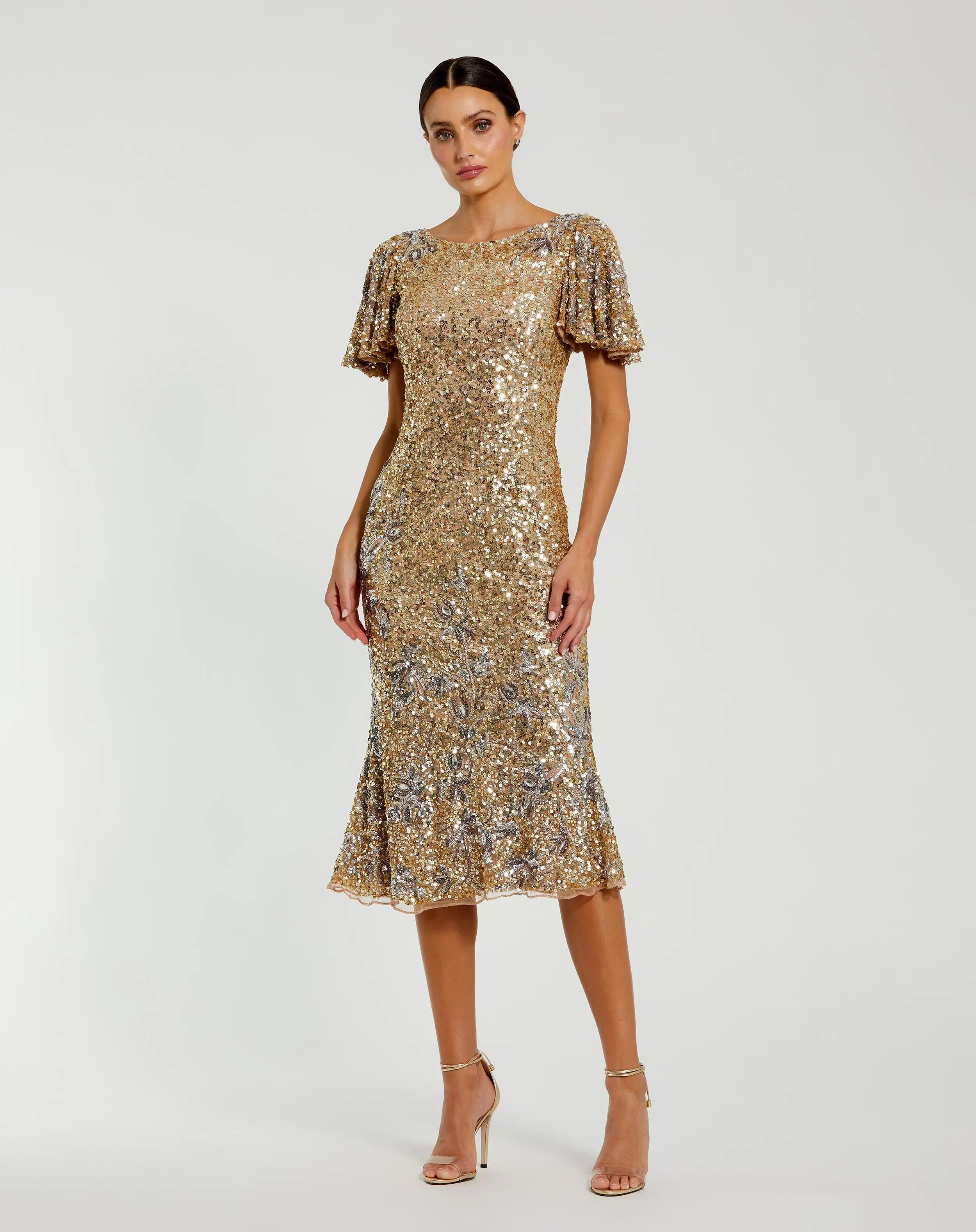 Gold Flutter Sleeve Floral Embellished Sequin Midi Dress | Mac Duggal