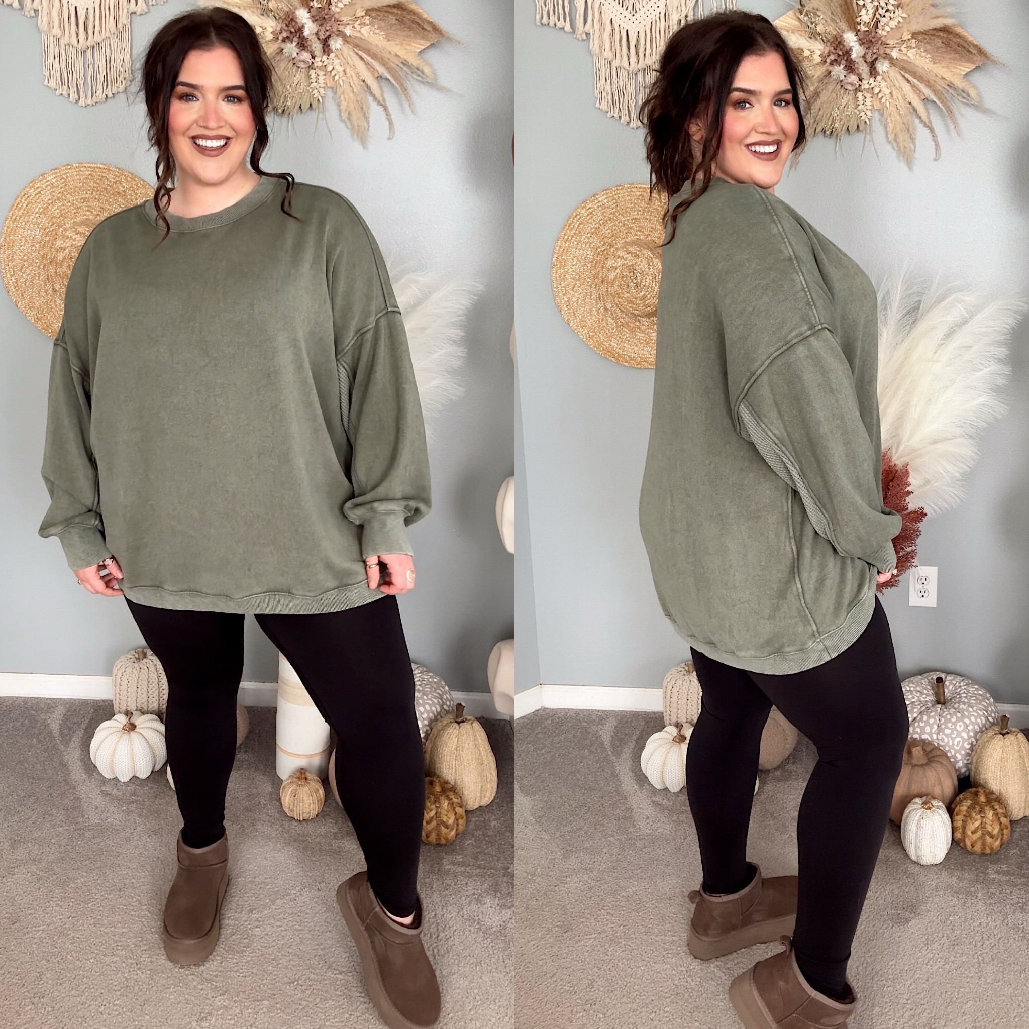 Comfy casual outfit of the day 🌿 Love a good oversized pullover sweater. This one runs oversized as is so could have sized down. Wearing the size XXL and XL in leggings 

#LTKMidsize #LTKStyleTip #LTKSeasonal