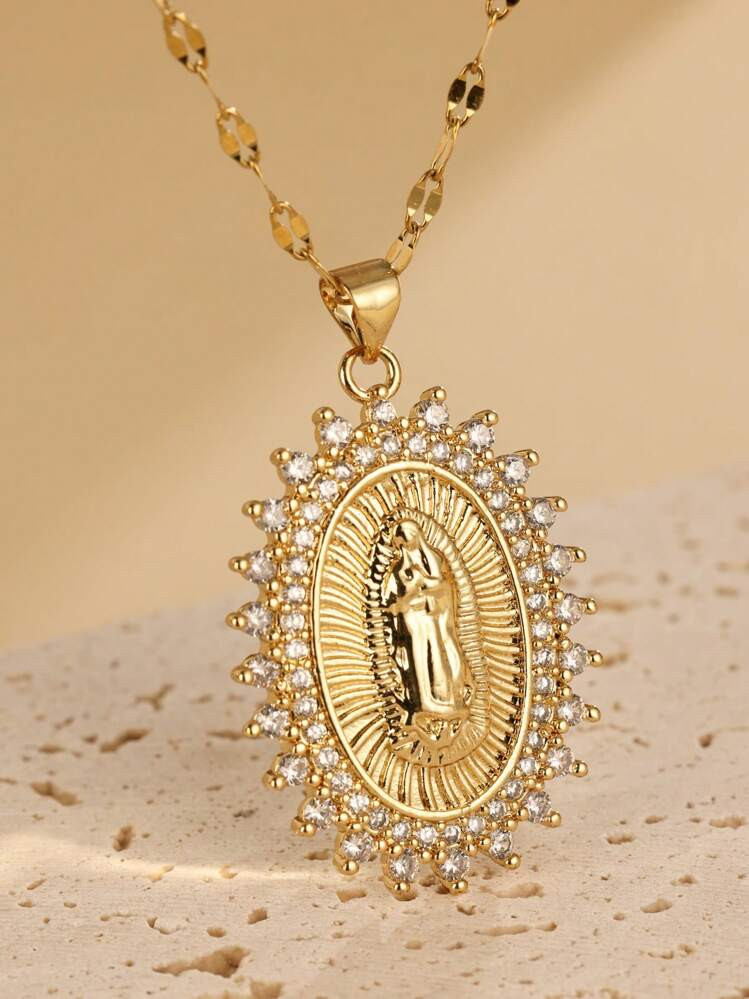 Stainless Steel Necklace With Virgin Mary Pendant Inlaid With Cubic Zirconia, Women's, Suitable For Weddings, Parties And Daily Wear | SHEIN