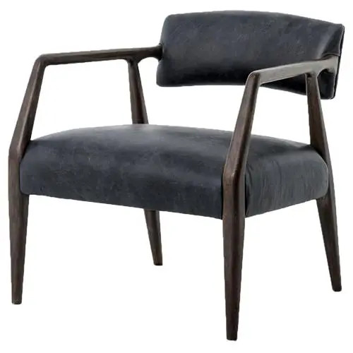 Pia Mid Century Modern Black Upholstered Leather Smoky Brown Wood Arm Chair | Kathy Kuo Home