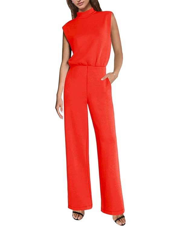 Amazon.com: SENSERISE Womens Jumpsuits Dressy Casual One Piece Outfits Sleeveless Mock Neck Wide ... | Amazon (US)