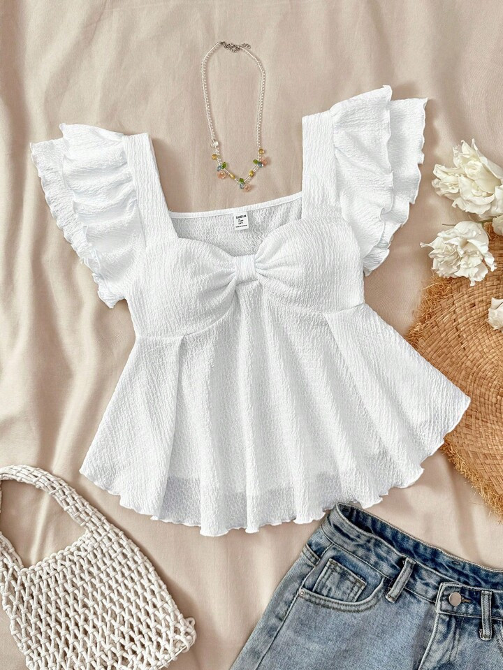 SHEIN Teen Girls Summer Sunshine Sweet Casual Comfortable Ruffle Sleeve Jacquard Knit T-Shirt, Suitable For Home, Cute, Teenager, Valentine's Day, Parties White Babydoll Top Ruffle Sleeve Top Summer Top Babydoll Top Tie Front Top | SHEIN