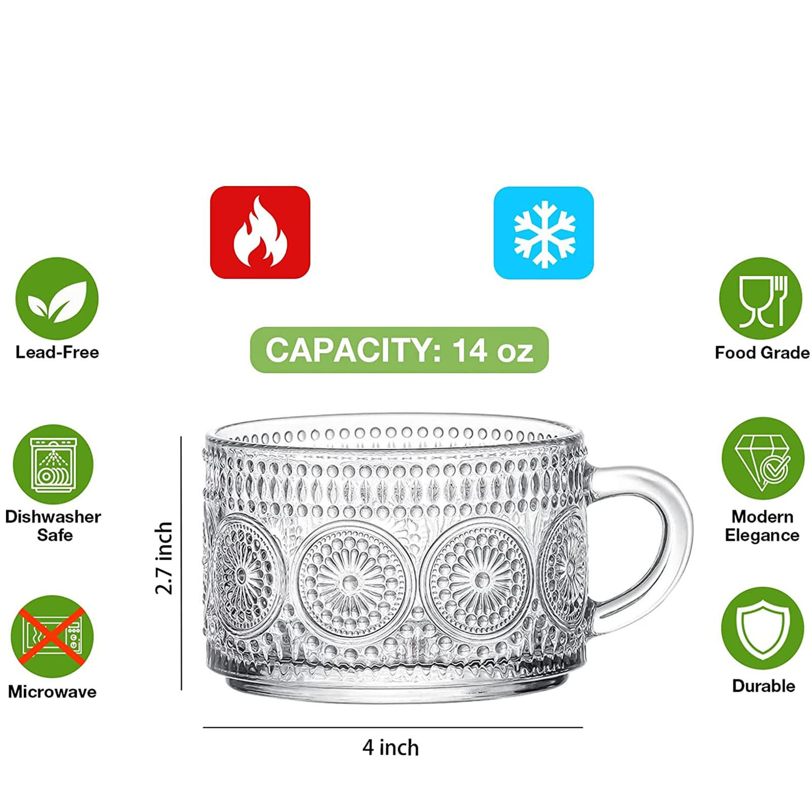 Mfacoy Vintage Coffee Mugs Set of 2, 14 oz Embossed Glass Cups with Handle, Clear Cups for Cappuc... | Amazon (US)