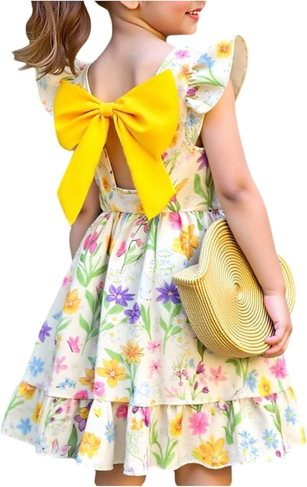 SHENHE Girl's Floral Dress Bow Back Cap Sleeve Ruffle Hem A Line Flowy Summer Boho Dress | Amazon (US)