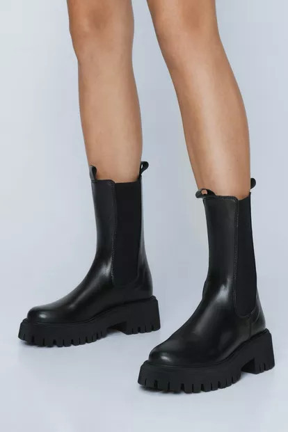 Real Leather Longline Cleated Chelsea Boots | Nasty Gal (US)