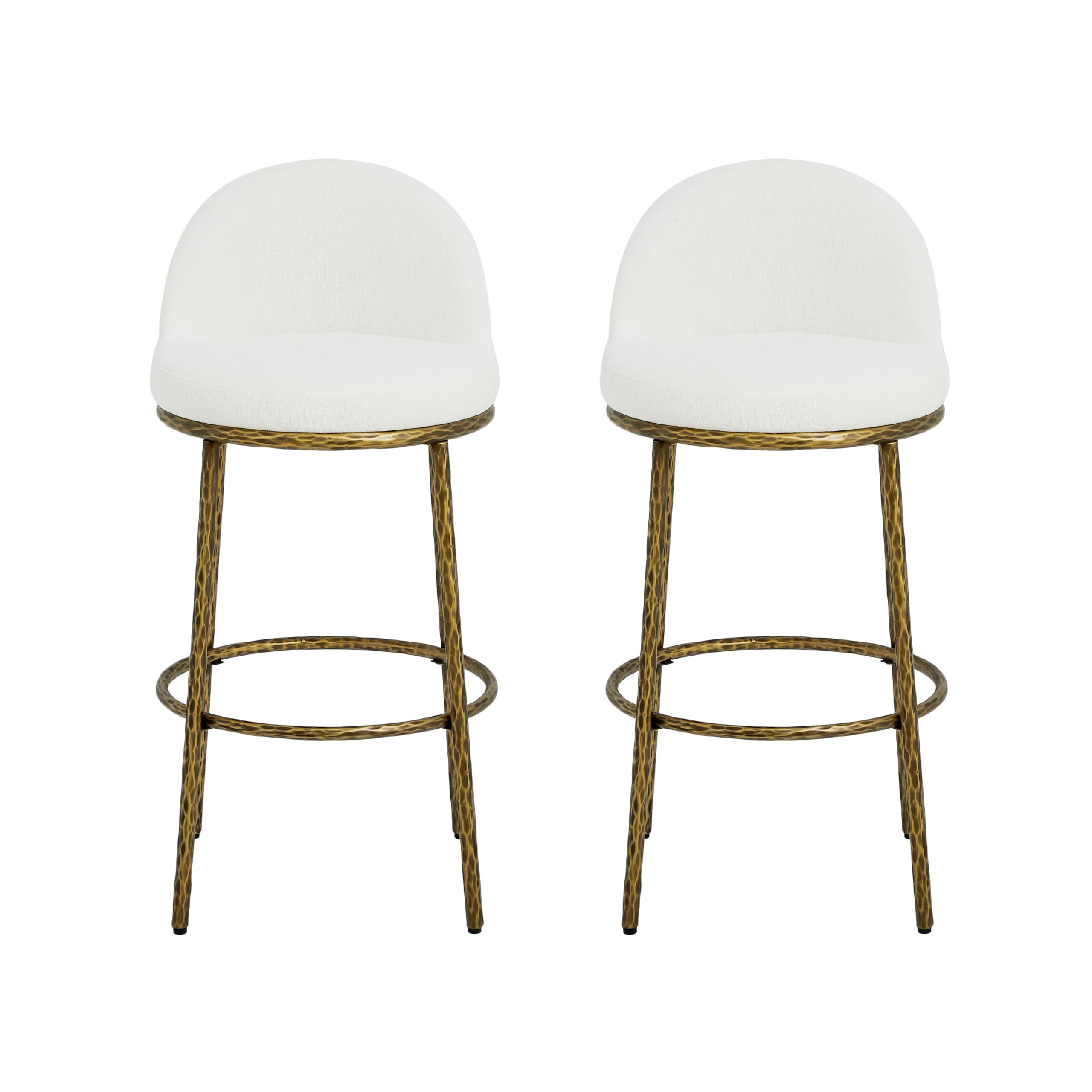 Christopher Knight Home Clera Counter Height Bar Stools Set of 2 with Hand-Hammered Iron Frame, Fabric Upholstered Round Bar Stool for Kitchen Island, Counter Stool with Footrest, Beige + Forged Brass | Amazon (US)