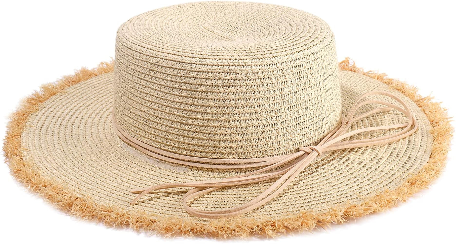 Sun Straw Hats for Women Wide Brim Beach Hats Bow Knot Fringed Summer Fedora Hats Beach Vacation ... | Amazon (US)