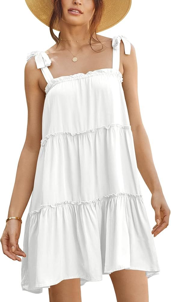 Clarisbelle Women Summer Tie Strap Ruffle Flowy Babydoll Mini Dress | Amazon (US)
