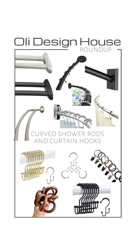 Roundup of curbed shower curtain rods and curtain hooks. 

Chrome shower curtain rod, matte black shower curtain rod, double shower curtain rod, brushed nickel shower curtain rod, double curtain hooks, wood curtain hooks

#LTKunder50 #LTKFind #LTKhome