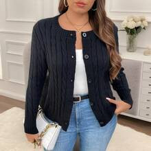 Plus Size Women's Autumn/Winter Short Knitted Cardigan With Buttons, Ribbed Texture, Round Neck, Long Sleeve, Solid Color, Slim Fit, Casual Style | SHEIN