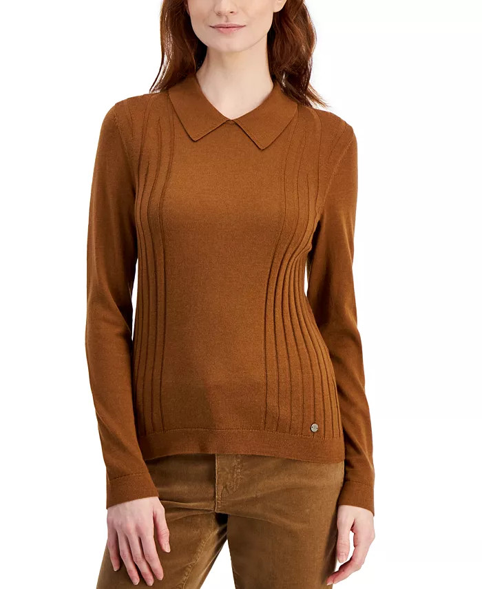 Women's Polo-Collar Side-Ribbed Sweater | Macy's