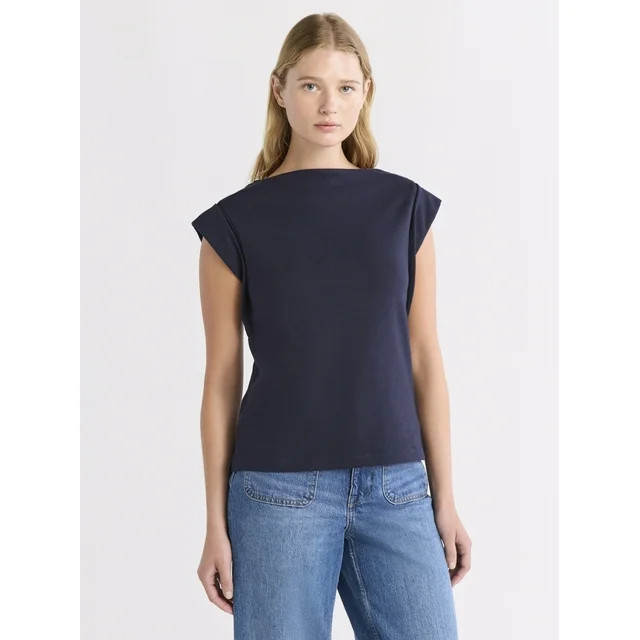 Free Assembly Women's and Women's Plus Cotton Boatneck Tee with Wide Cap Sleeves, Sizes XS-4X | Walmart (US)