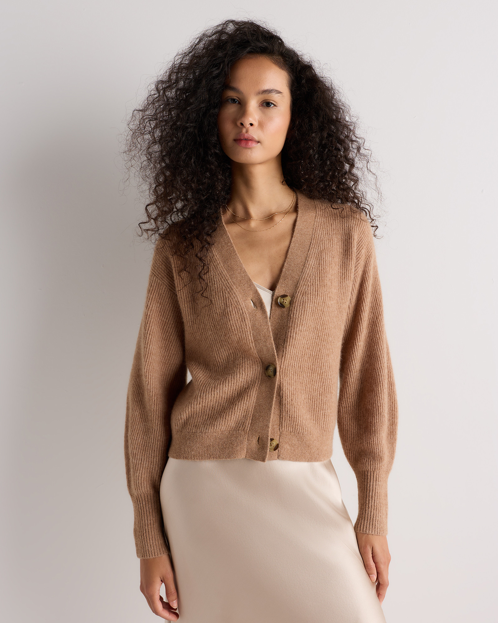 Quince | Women's Lightweight Baby Alpaca Cropped V-Neck Cardigan Sweater in Stone Ivory, Size Medium | Quince