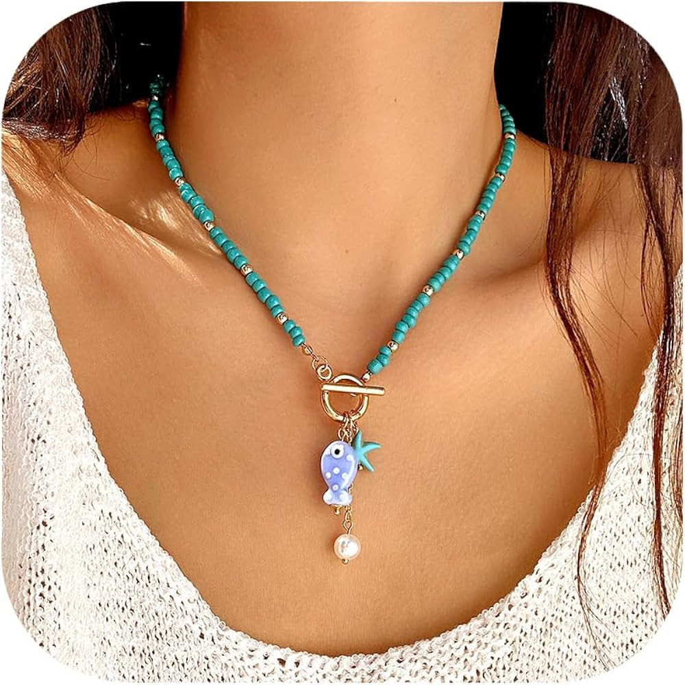 RINHOO Ceramic Fish & Starfish Charm Necklace Boho Handmade Bead Necklace OT Buckle Clasp Jewelry | Amazon (US)
