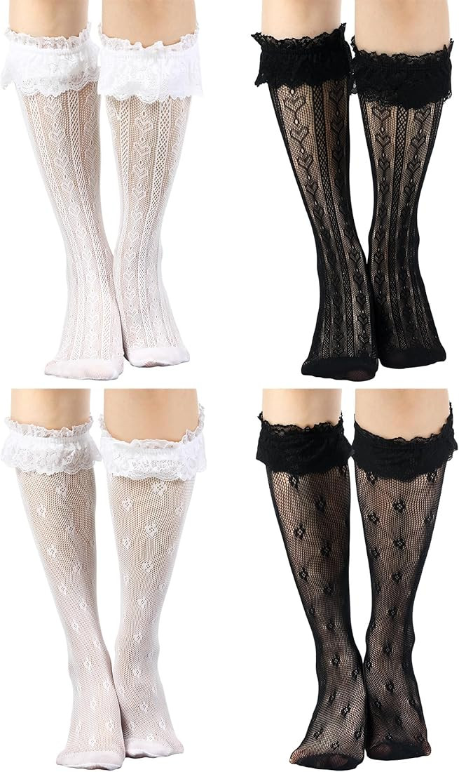 Geyoga 4 Pairs Women's Fishnet Knee High Stockings Lace Hollow out Women's Calf Socks Ankle Sheer... | Amazon (US)